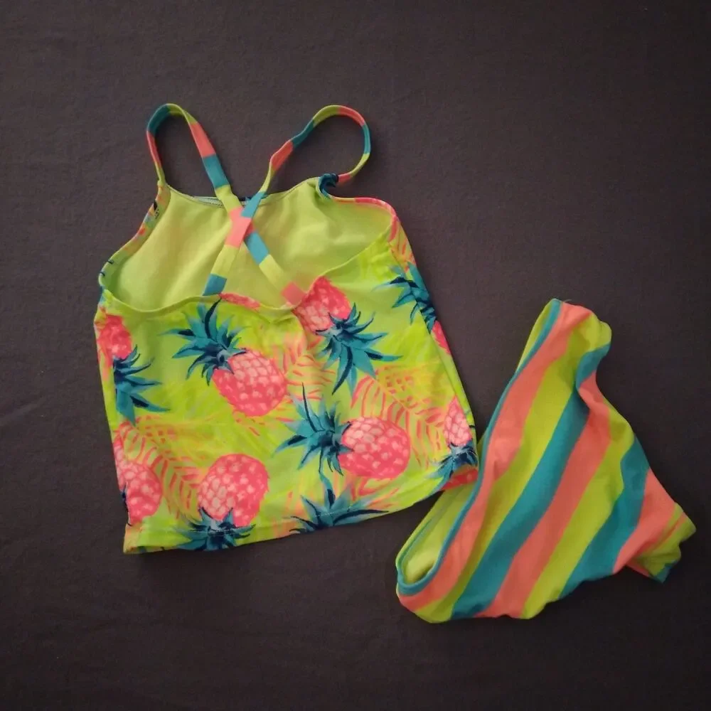 Swimsuit Girls Size 6 Tankini Bright Neon Pineapple 2pc Boating Beach Children